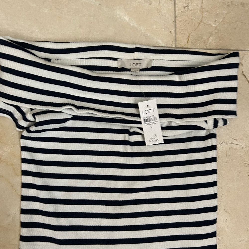 LOFT Striped Off-Shoulder Navy and White Crop Top